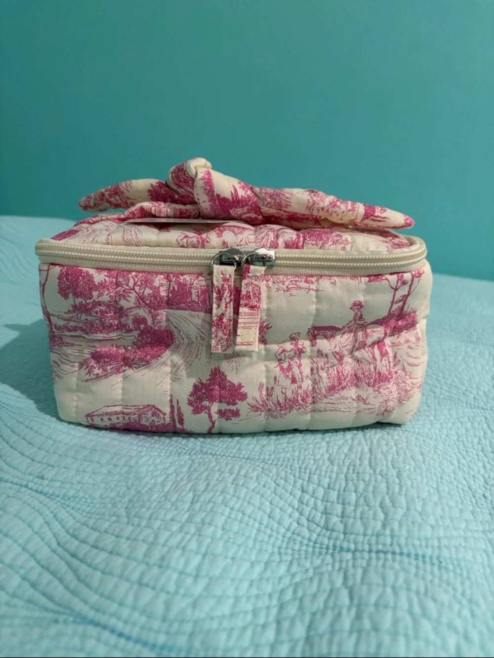 Pink Toile Quilted Cosmetic Travel Case